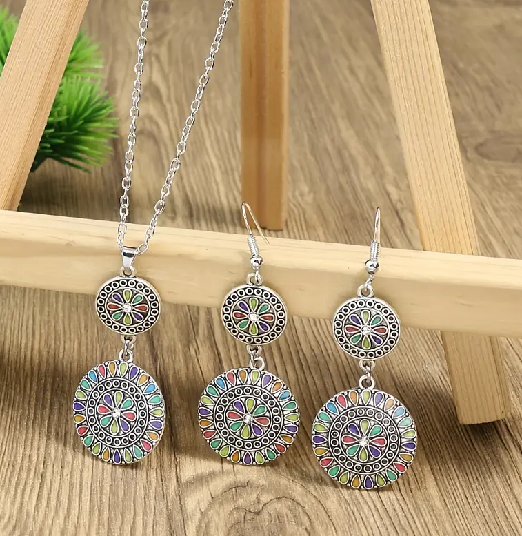 1 Pair Of Earrings + 1 Necklace Boho Style Jewelry Set Retro Flower Design Oil Dripping/ Enamel Accessories
