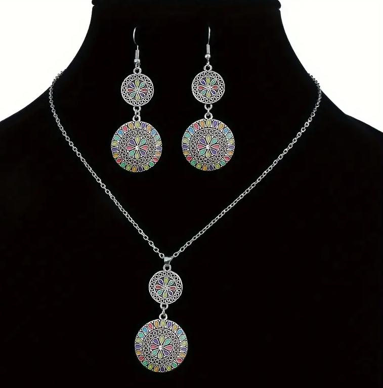1 Pair Of Earrings + 1 Necklace Boho Style Jewelry Set Retro Flower Design Oil Dripping/ Enamel Accessories