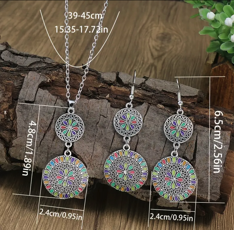 1 Pair Of Earrings + 1 Necklace Boho Style Jewelry Set Retro Flower Design Oil Dripping/ Enamel Accessories