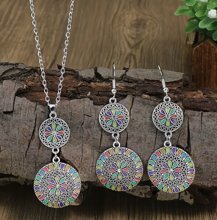 1 Pair Of Earrings + 1 Necklace Boho Style Jewelry Set Retro Flower Design Oil Dripping/ Enamel Accessories