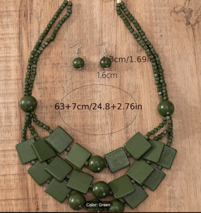 3pcs Earrings Plus Necklace Boho Style Jewelry Set Made Of Wood Green colour