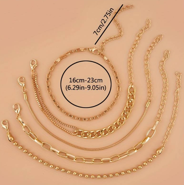 5pcs Elegant Cuban Chain Bracelet Set Punk Style Stackable Multi Layers Hand Chain Jewelry