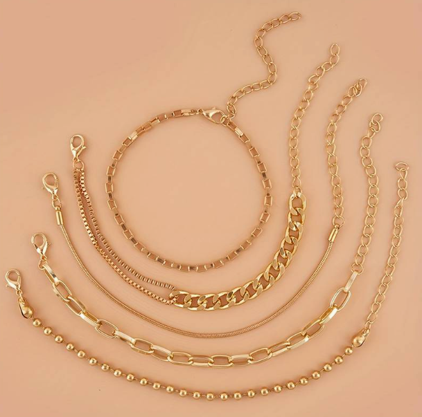 5pcs Elegant Cuban Chain Bracelet Set Punk Style Stackable Multi Layers Hand Chain Jewelry