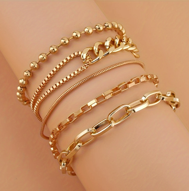 5pcs Elegant Cuban Chain Bracelet Set Punk Style Stackable Multi Layers Hand Chain Jewelry