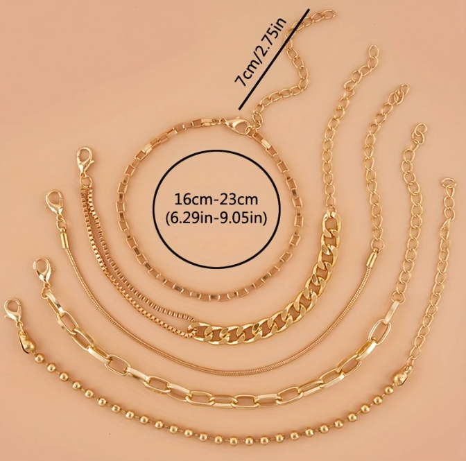 5pcs Elegant Cuban Chain Bracelet Set Punk Style Stackable Multi Layers Hand Chain Jewelry