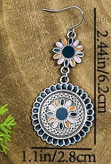 Blue New Alloy Earrings Turquoise Inlaid Bohemian Retro Geometric Round Multi Layered Design