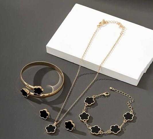 Flower Jewelry Set, Elegant Sexy Style, Includes Clover Bracelet, Bangle, Stud Earrings, And Necklace