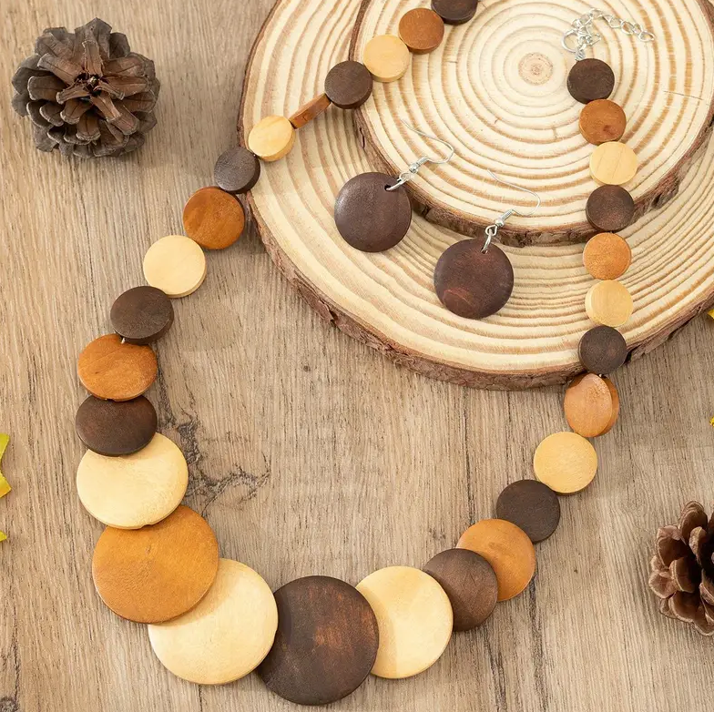 3pcs Earrings Plus Necklace Boho Style Jewelry Set Made Of Wooden Plate