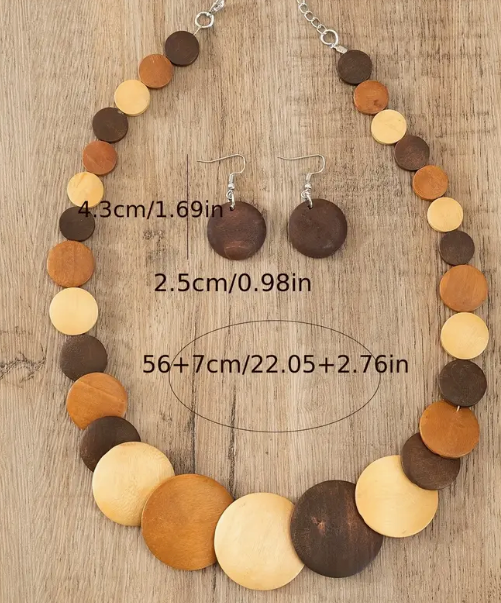 3pcs Earrings Plus Necklace Boho Style Jewelry Set Made Of Wooden Plate