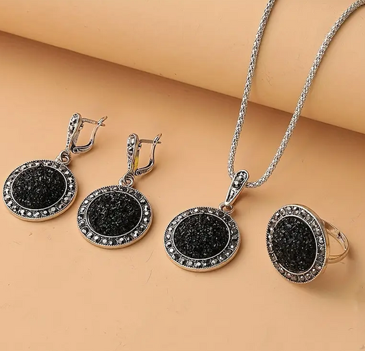 1 Set Unisex Jewelry Set - Stylish Black Round Necklace with Pendant, Trendy Earrings, Adjustable Ring