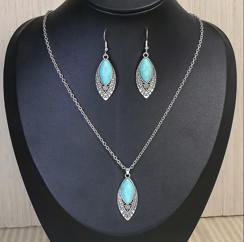 1 Pair Of Earrings + 1 Necklace Vintage Jewelry Set Inlaid Turquoise In Horse Eye Shape