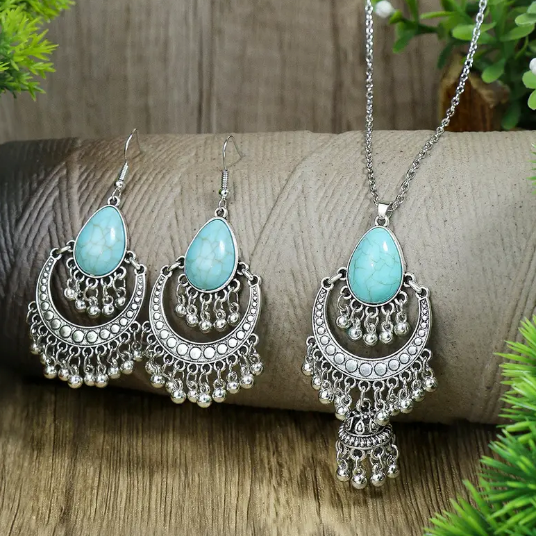 3pcs Earrings Plus Necklace Boho Style Jewelry Set Inlaid Turquoise