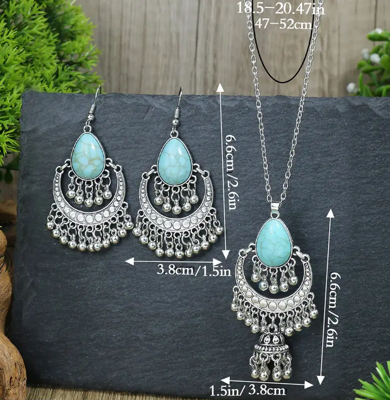 3pcs Earrings Plus Necklace Boho Style Jewelry Set Inlaid Turquoise