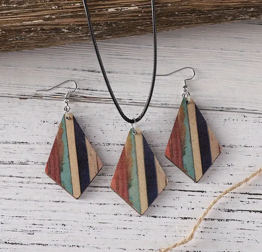 Retro Western Ethnic Style Turquoise Stripe Geometric Pendant Wooden Double-sided Earrings Necklace Set