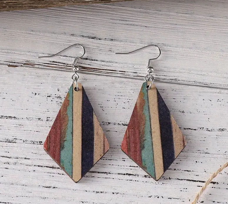 Retro Western Ethnic Style Turquoise Stripe Geometric Pendant Wooden Double-sided Earrings Necklace Set