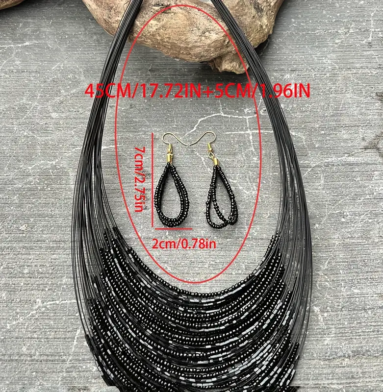 3pcs Handmade Earrings Plus Necklace Made Of Black Beads Multi Layer Design Symbol Of Evil And Mystery