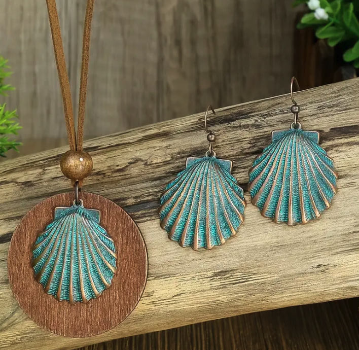 3pack Ancient Folk Wooden Round Plus Geometric Ancient Copper Layered Charm Earrings Necklace Set