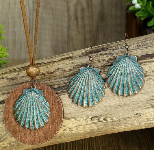 3pack Ancient Folk Wooden Round Plus Geometric Ancient Copper Layered Charm Earrings Necklace Set