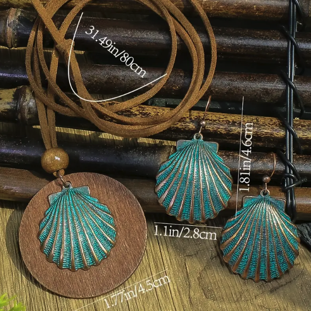 3pack Ancient Folk Wooden Round Plus Geometric Ancient Copper Layered Charm Earrings Necklace Set