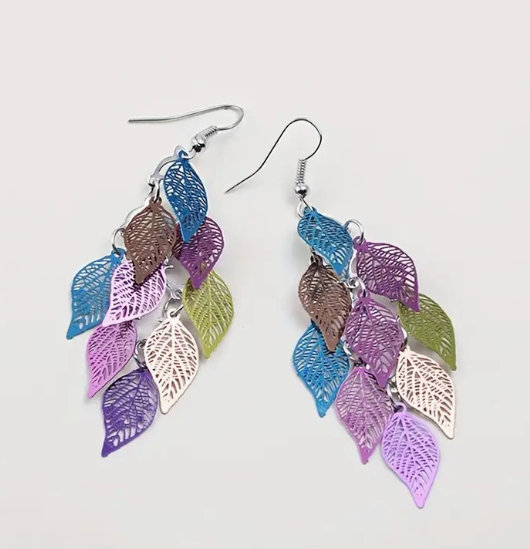 Colourful Hollow Leaves Design Dangle Earrings Retro Bohemian Style Alloy Jewelry