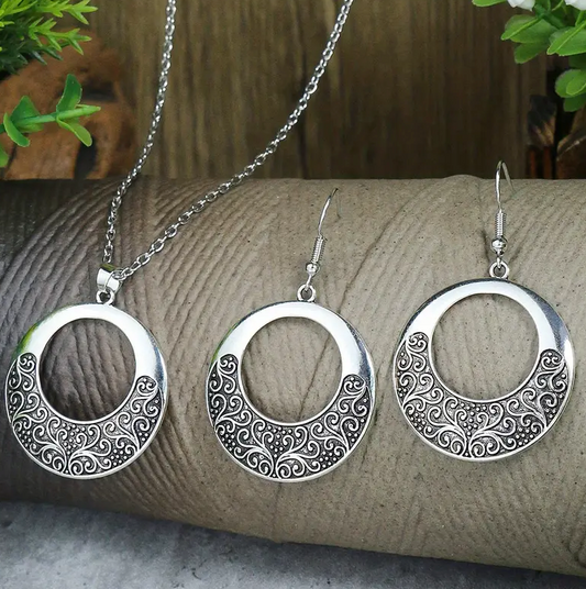 Earrings Plus Necklace Vintage Jewelry Set Detailed Carving On The Surface Zinc Alloy