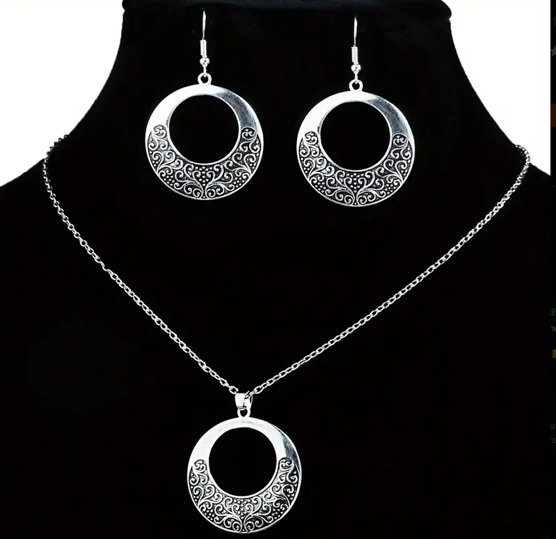 Earrings Plus Necklace Vintage Jewelry Set Detailed Carving On The Surface Zinc Alloy