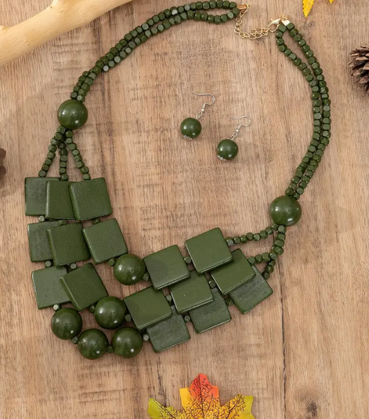 3pcs Earrings Plus Necklace Boho Style Jewelry Set Made Of Wood Green colour