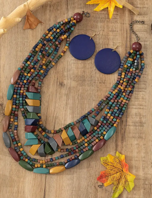 3pcs Earrings Plus Necklace Boho Style Jewelry Set Made Of Wood Multi Layer Design