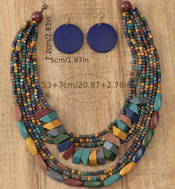 3pcs Earrings Plus Necklace Boho Style Jewelry Set Made Of Wood Multi Layer Design