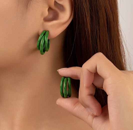 Exquisite Three Green Circle Design Hoop Earrings Iron Jewelry Elegant Sexy Style Personality Female Earrings