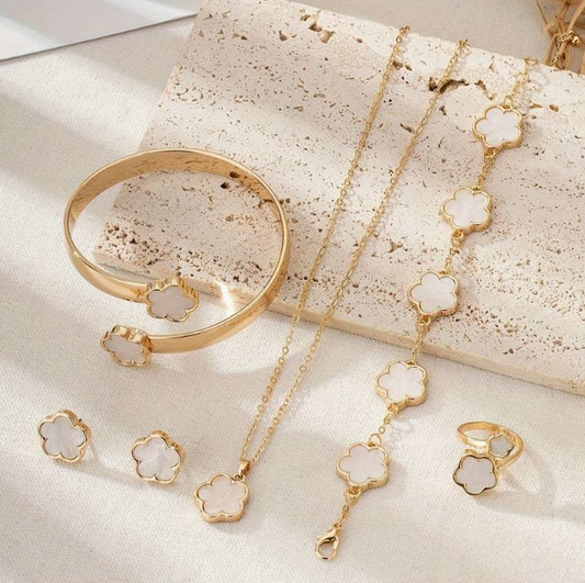 Exquisite Flower Design Stud Earrings & Necklace & Ring & Bangle & Bracelet Elegant Simple Style Delicate Jewelry Set