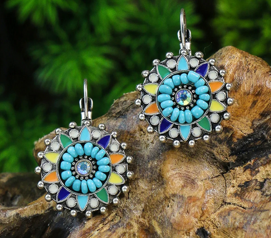 Blue New Alloy Earrings Turquoise Inlaid Bohemian Retro Geometric Round Multi layered Design