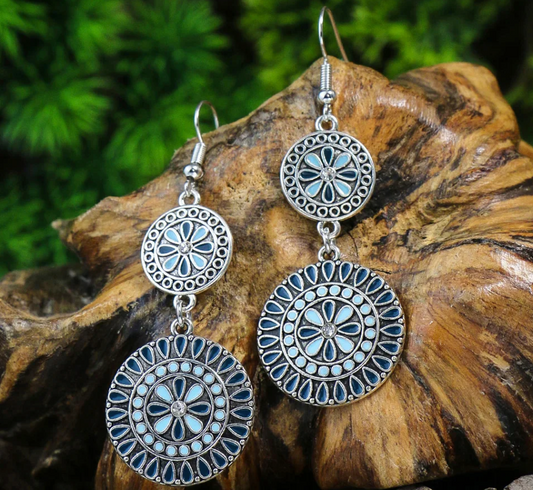 Blue New Alloy Earrings Turquoise Inlaid Bohemian Retro Geometric Round Multi layered Design