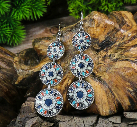 Blue New Alloy Earrings Turquoise Inlaid Bohemian Retro Geometric Round Multi layered Design