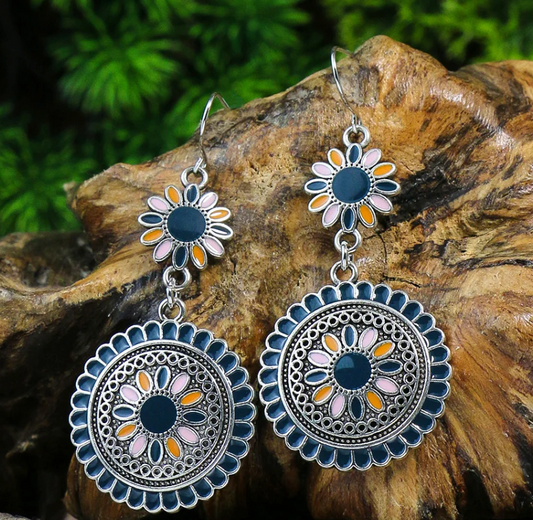 Blue New Alloy Earrings Turquoise Inlaid Bohemian Retro Geometric Round Multi Layered Design