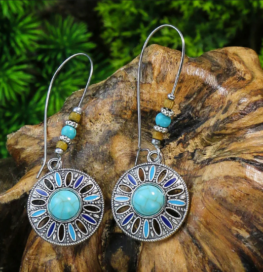 Blue New Alloy Earrings Turquoise Inlaid Bohemian Retro Geometric Round Multi layered Design