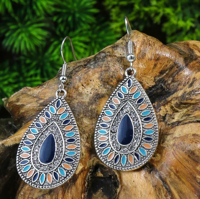 Blue New Alloy Earrings Turquoise Inlaid Bohemian Retro Geometric Round Multi layered Design