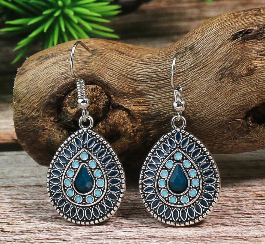 Blue New Alloy Earrings Turquoise Inlaid Bohemian Retro Geometric Round Multi layered Design