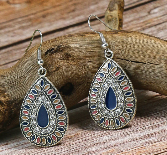 Blue New Alloy Earrings Turquoise Inlaid Bohemian Retro Geometric Round Multi layered Design