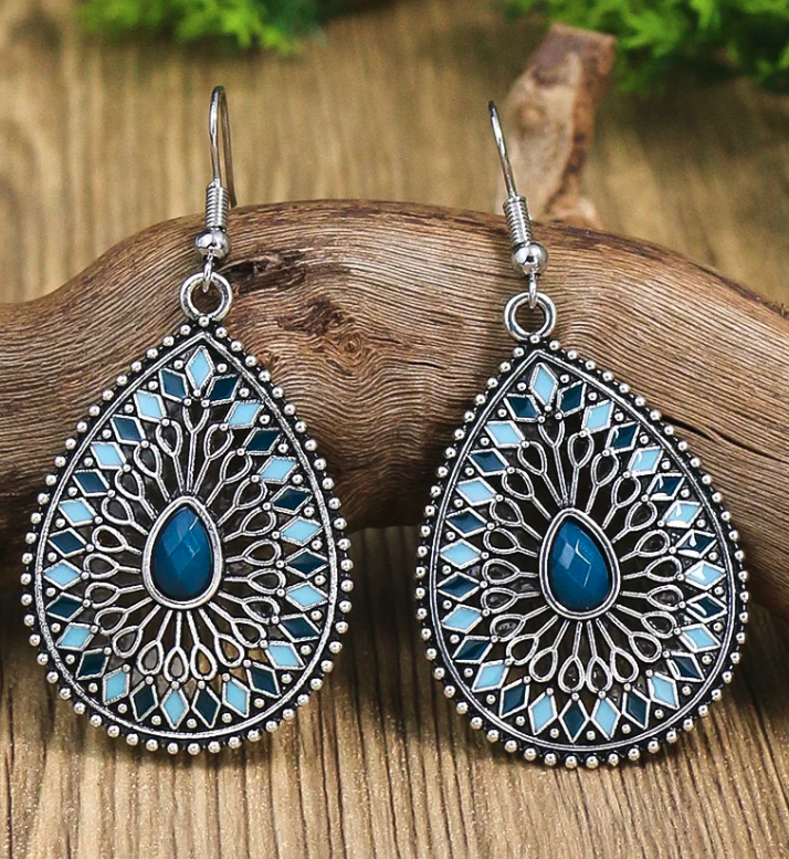 Blue New Alloy Earrings Turquoise Inlaid Bohemian Retro Geometric Round Multi layered Design