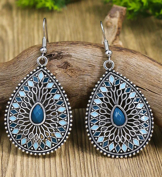 Blue New Alloy Earrings Turquoise Inlaid Bohemian Retro Geometric Round Multi layered Design