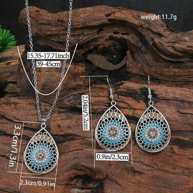 3pcs Earrings Plus Necklace Boho Style Jewelry Set Trendy Flower Carving In Waterdrop Shape Match Daily Outfit