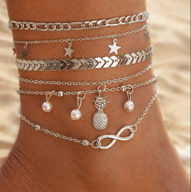 Vintage silvery Pineapple Faux Pearl Charm Anklet 5pcs/Set