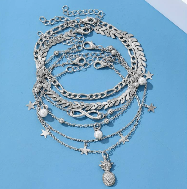 Vintage silvery Pineapple Faux Pearl Charm Anklet 5pcs/Set