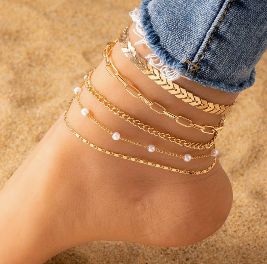 5pcs Simple Style Stackable Thin Chain Anklet Copper Ankle Bracelet Set For Women Daily Wear