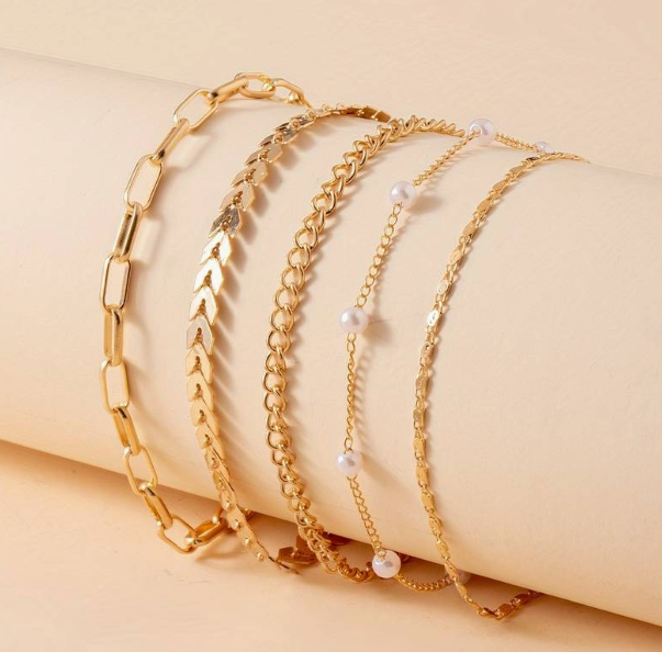 5pcs Simple Style Stackable Thin Chain Anklet Copper Ankle Bracelet Set For Women Daily Wear