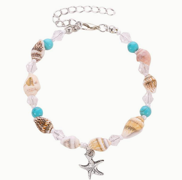 Starfish Shape Pendant Beaded Anklet With Shell Turquoise Beads Ocean Style Ankle Bracelet For Women