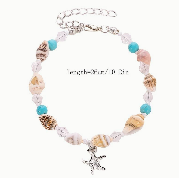 Starfish Shape Pendant Beaded Anklet With Shell Turquoise Beads Ocean Style Ankle Bracelet For Women