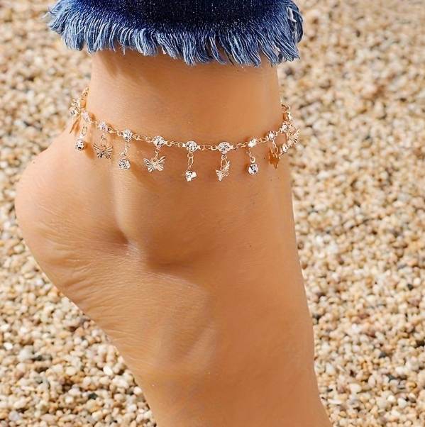 1pc Mini Butterfly Tassel Pendant Thin Chain Anklet Inlaid White Rhinestone Geometric Foot Decoratio