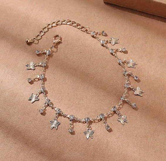 1pc Mini Butterfly Tassel Pendant Thin Chain Anklet Inlaid White Rhinestone Geometric Foot Decoratio